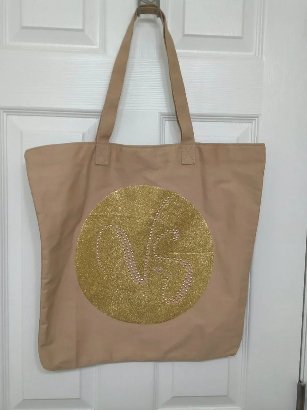 ​Victoria's Secret Tan Canvas Gold Glitter Rhinestone VS Logo Tote Bag